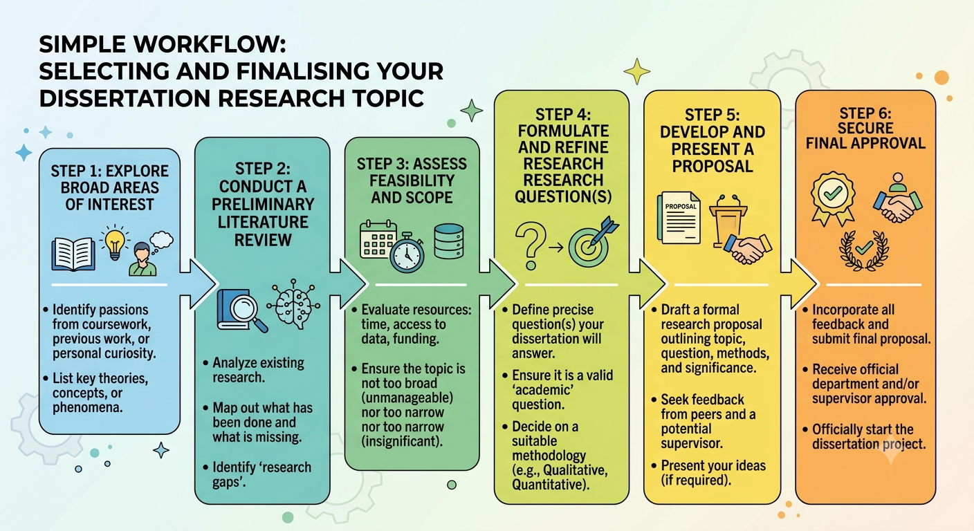 Six-step workflow for selecting and finalising a dissertation research topic